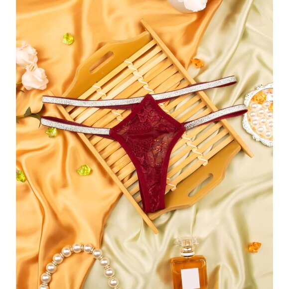 🆕Women’s Wine Red Glitter Lace Breathable Strappy Sexy Underwear Panties 257 - Picture 4 of 6